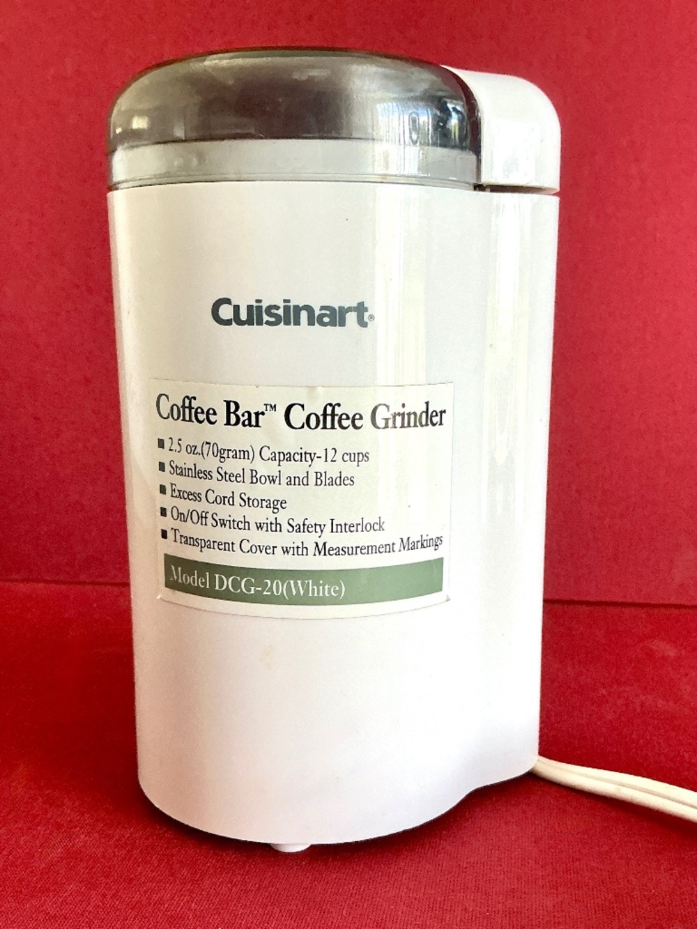 Cuisinart Coffee Grinder White Model DCG-20N 120V Long Cord